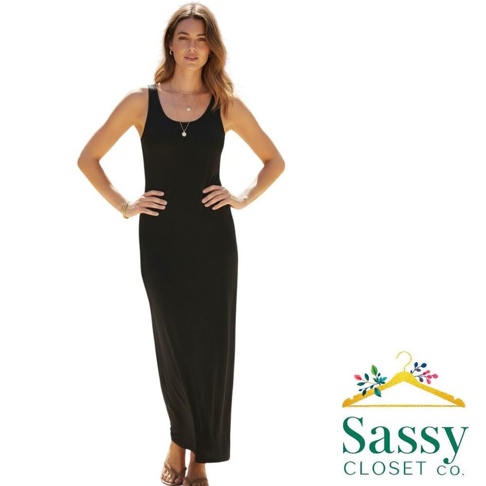 ✨ OLIVIA GREY NWOT Black Ribbed Maxi Tank Dress L Side Slit Capsule 🖤